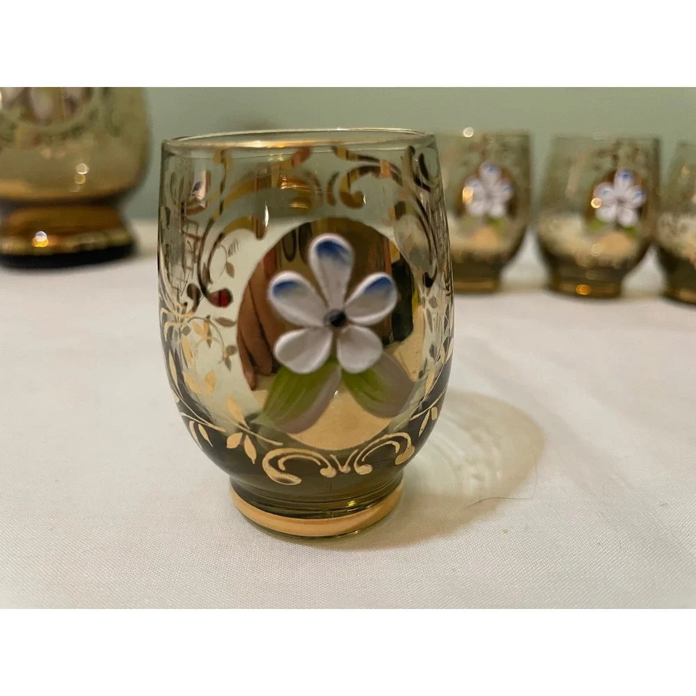 Vintage Amber Gold Encrusted Glass Decanter Set Hand Painted Floral 5pc